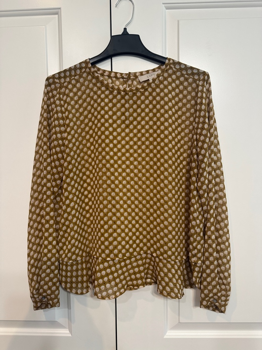 LOFT Brown Printed Long-Sleeve Peplum Blouse with Cream Dots